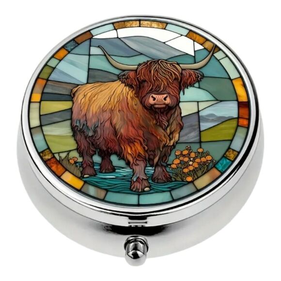 Highland Cow Pill Box Medicine Mini Stainless Steel Case Mirrored Travel Rustic - Picture 7 of 8